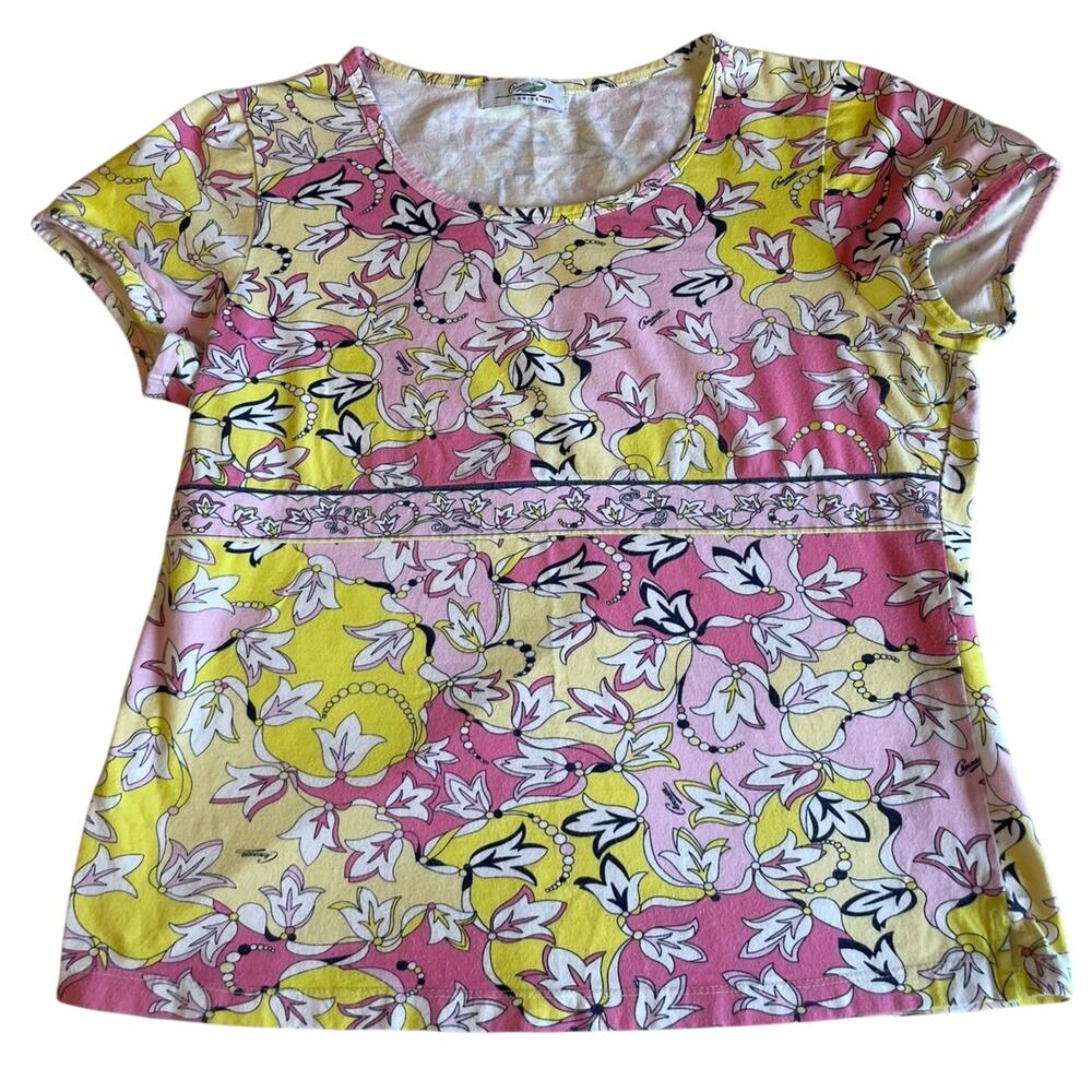 Y2K Floral Preppy Crocodile Ladies Pink & Yellow Babydoll Short Sleeve Tee Large